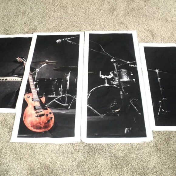4 Wall Art Panels Guitar, Drum Set, Amp Musical Instruments Prints Not Framed - Picture 1 of 8
